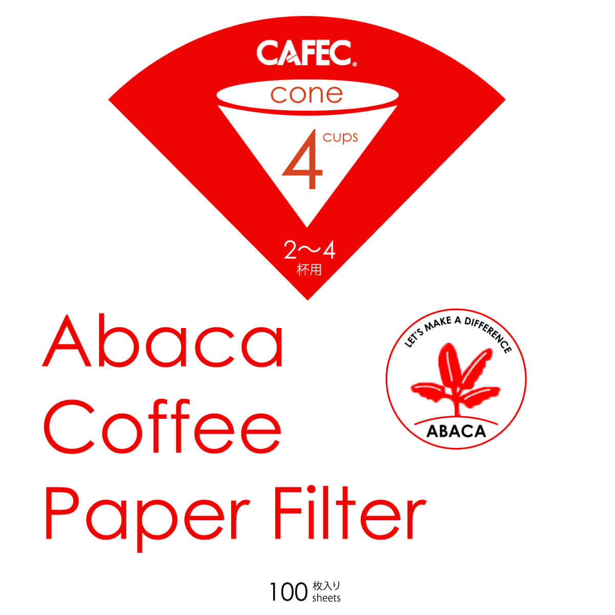 Cafec Abaca Kağıt Filtre CUP4 for freshly roasted specialty coffee, 4-cup capacity, high-quality Abaca paper filter, red and white packaging.