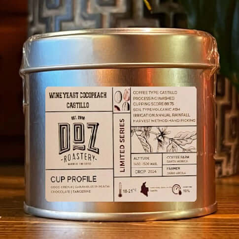 Colombia Jairo Arcila Wine Yeast Cocopeach Castillo coffee tin from Doz Roastery, showcasing Colombian specialty coffee attributes.